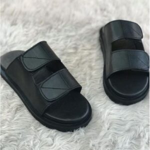 All Black Covered Slip-on Pam Slippers - With Centre Openings